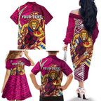 Personalized Brisbane Lions Family Matching Off The Shoulder Long Sleeve Dress and Hawaiian Shirt Polynesian Tribal Lion Mascot With Hibiscus Floral Art