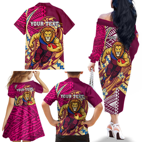 Personalized Brisbane Lions Family Matching Off The Shoulder Long Sleeve Dress and Hawaiian Shirt Polynesian Tribal Lion Mascot With Hibiscus Floral Art