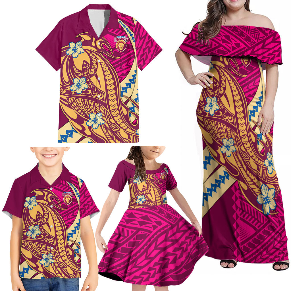 Personalized Brisbane Lions Family Matching Off Shoulder Maxi Dress and Hawaiian Shirt Polynesian Tribal Lion Mascot With Hibiscus Floral Art