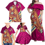 Personalized Brisbane Lions Family Matching Off Shoulder Maxi Dress and Hawaiian Shirt Polynesian Tribal Lion Mascot With Hibiscus Floral Art