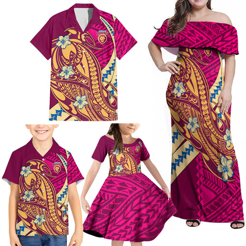 Personalized Brisbane Lions Family Matching Off Shoulder Maxi Dress and Hawaiian Shirt Polynesian Tribal Lion Mascot With Hibiscus Floral Art