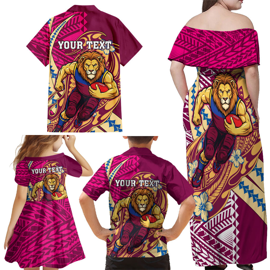 Personalized Brisbane Lions Family Matching Off Shoulder Maxi Dress and Hawaiian Shirt Polynesian Tribal Lion Mascot With Hibiscus Floral Art