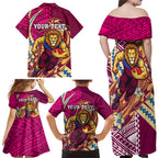Personalized Brisbane Lions Family Matching Off Shoulder Maxi Dress and Hawaiian Shirt Polynesian Tribal Lion Mascot With Hibiscus Floral Art