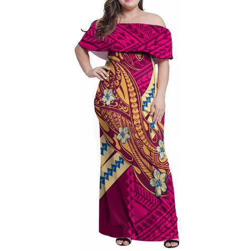 Personalized Brisbane Lions Family Matching Off Shoulder Maxi Dress and Hawaiian Shirt Polynesian Tribal Lion Mascot With Hibiscus Floral Art