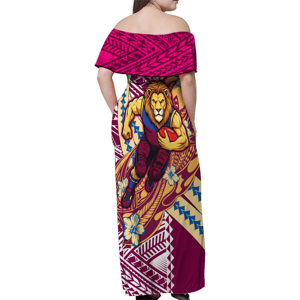 Personalized Brisbane Lions Family Matching Off Shoulder Maxi Dress and Hawaiian Shirt Polynesian Tribal Lion Mascot With Hibiscus Floral Art