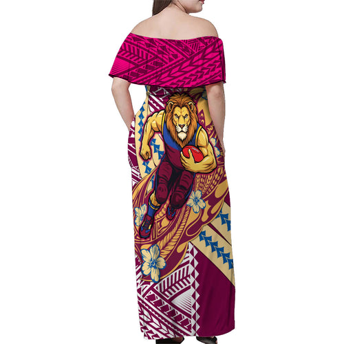 Personalized Brisbane Lions Family Matching Off Shoulder Maxi Dress and Hawaiian Shirt Polynesian Tribal Lion Mascot With Hibiscus Floral Art