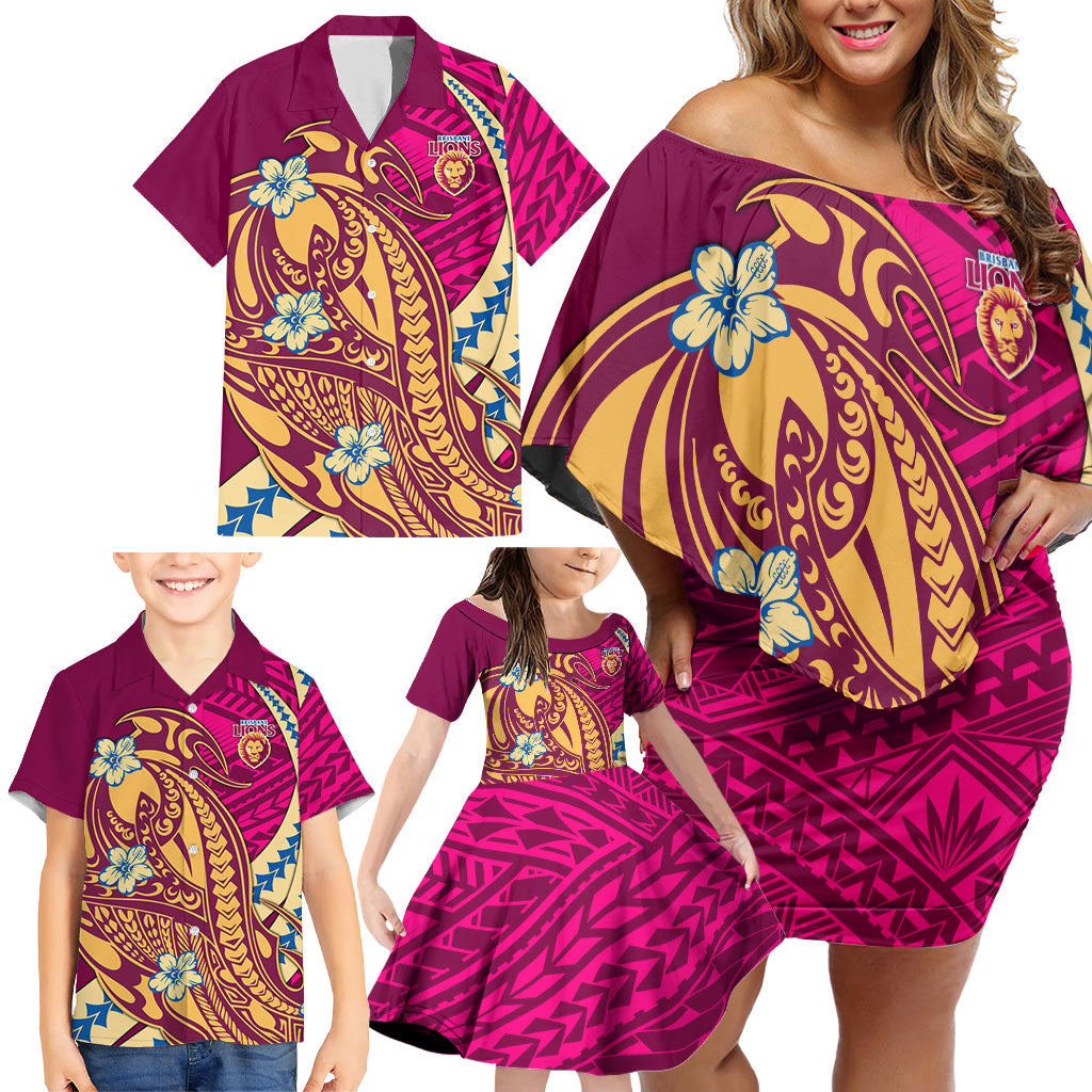 Personalized Brisbane Lions Family Matching Off Shoulder Short Dress and Hawaiian Shirt Polynesian Tribal Lion Mascot With Hibiscus Floral Art
