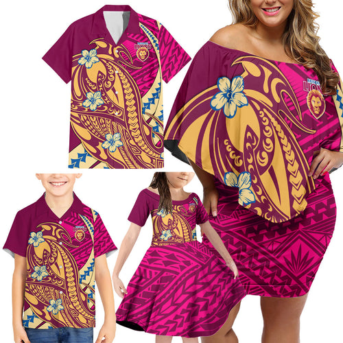 Personalized Brisbane Lions Family Matching Off Shoulder Short Dress and Hawaiian Shirt Polynesian Tribal Lion Mascot With Hibiscus Floral Art