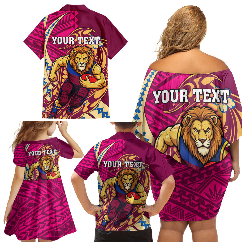 Personalized Brisbane Lions Family Matching Off Shoulder Short Dress and Hawaiian Shirt Polynesian Tribal Lion Mascot With Hibiscus Floral Art