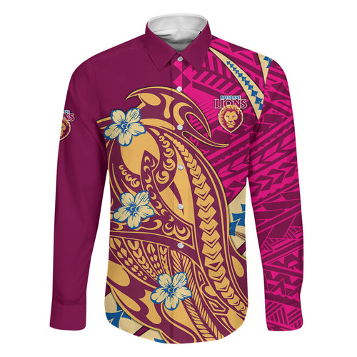 Personalized Brisbane Lions Family Matching Off Shoulder Short Dress and Hawaiian Shirt Polynesian Tribal Lion Mascot With Hibiscus Floral Art