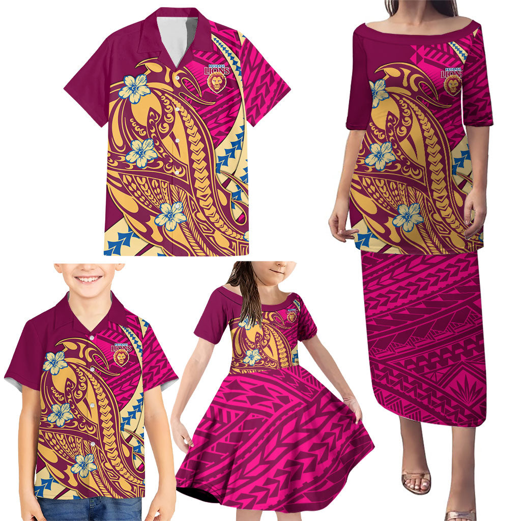 Personalized Brisbane Lions Family Matching Puletasi and Hawaiian Shirt Polynesian Tribal Lion Mascot With Hibiscus Floral Art