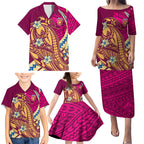 Personalized Brisbane Lions Family Matching Puletasi and Hawaiian Shirt Polynesian Tribal Lion Mascot With Hibiscus Floral Art