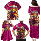 Personalized Brisbane Lions Family Matching Puletasi and Hawaiian Shirt Polynesian Tribal Lion Mascot With Hibiscus Floral Art