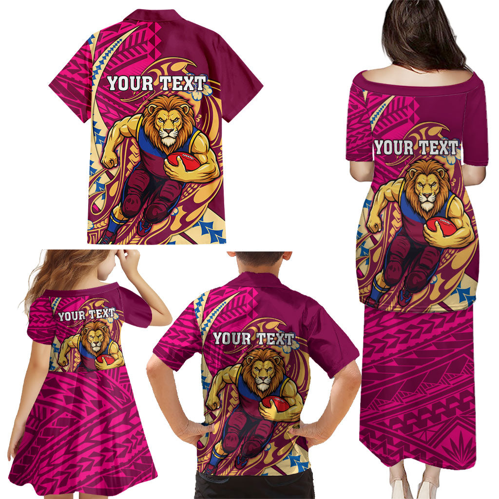 Personalized Brisbane Lions Family Matching Puletasi and Hawaiian Shirt Polynesian Tribal Lion Mascot With Hibiscus Floral Art
