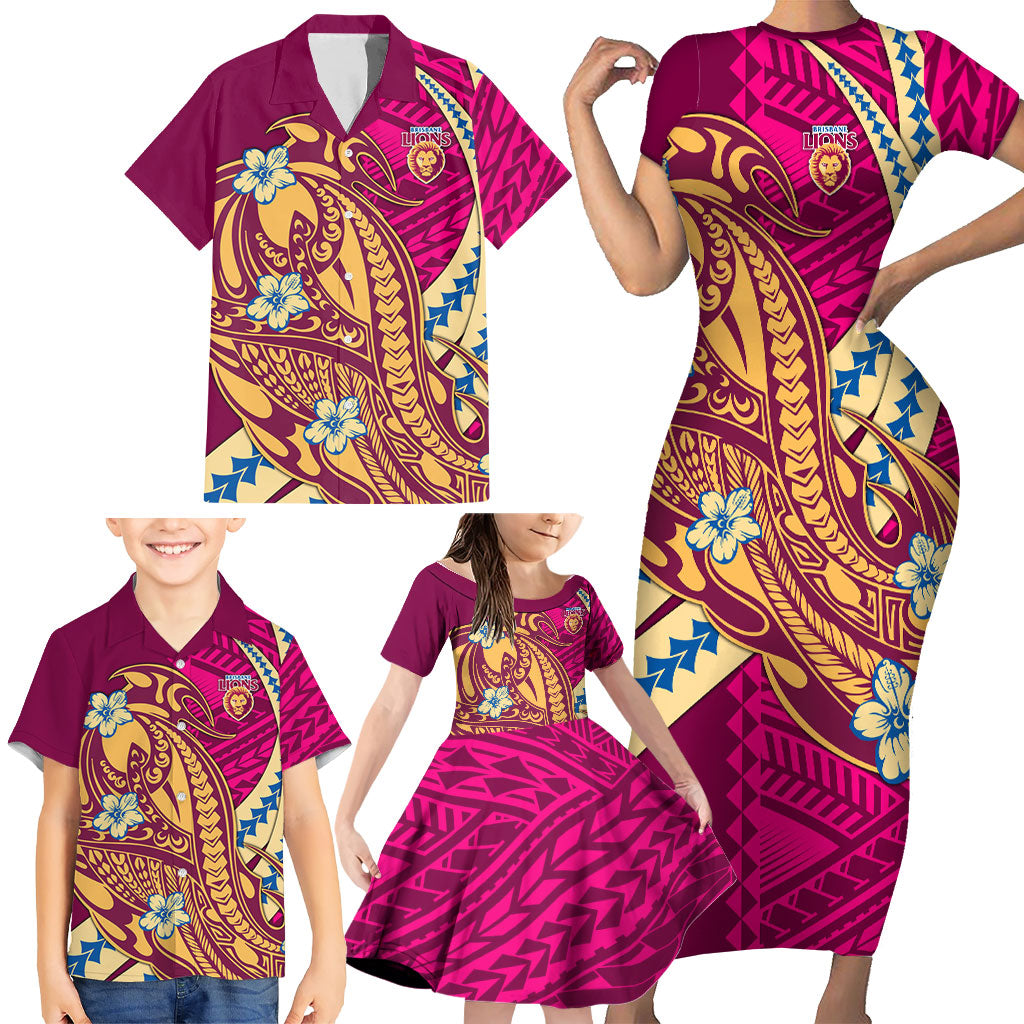 Personalized Brisbane Lions Family Matching Short Sleeve Bodycon Dress and Hawaiian Shirt Polynesian Tribal Lion Mascot With Hibiscus Floral Art