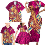 Personalized Brisbane Lions Family Matching Short Sleeve Bodycon Dress and Hawaiian Shirt Polynesian Tribal Lion Mascot With Hibiscus Floral Art