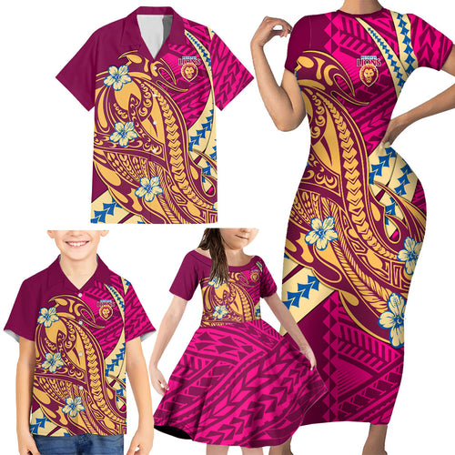 Personalized Brisbane Lions Family Matching Short Sleeve Bodycon Dress and Hawaiian Shirt Polynesian Tribal Lion Mascot With Hibiscus Floral Art