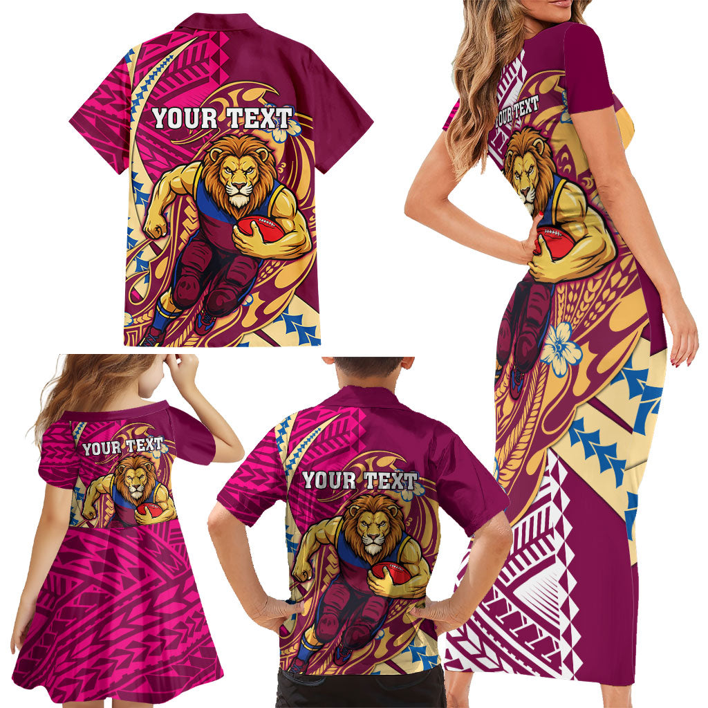 Personalized Brisbane Lions Family Matching Short Sleeve Bodycon Dress and Hawaiian Shirt Polynesian Tribal Lion Mascot With Hibiscus Floral Art