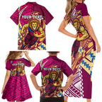 Personalized Brisbane Lions Family Matching Short Sleeve Bodycon Dress and Hawaiian Shirt Polynesian Tribal Lion Mascot With Hibiscus Floral Art