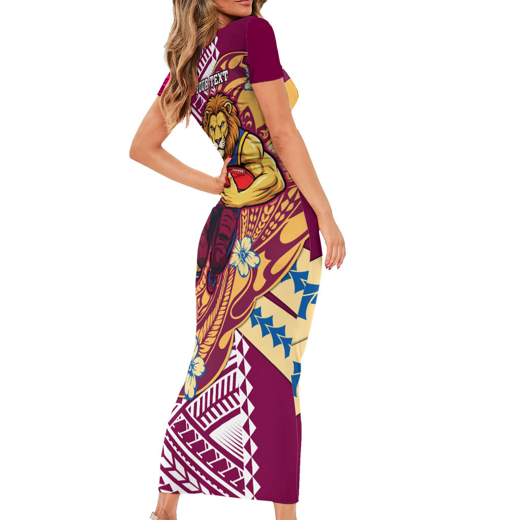 Personalized Brisbane Lions Family Matching Short Sleeve Bodycon Dress and Hawaiian Shirt Polynesian Tribal Lion Mascot With Hibiscus Floral Art