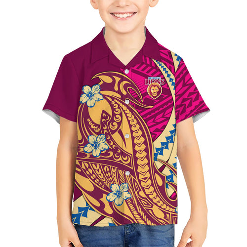 Personalized Brisbane Lions Family Matching Short Sleeve Bodycon Dress and Hawaiian Shirt Polynesian Tribal Lion Mascot With Hibiscus Floral Art
