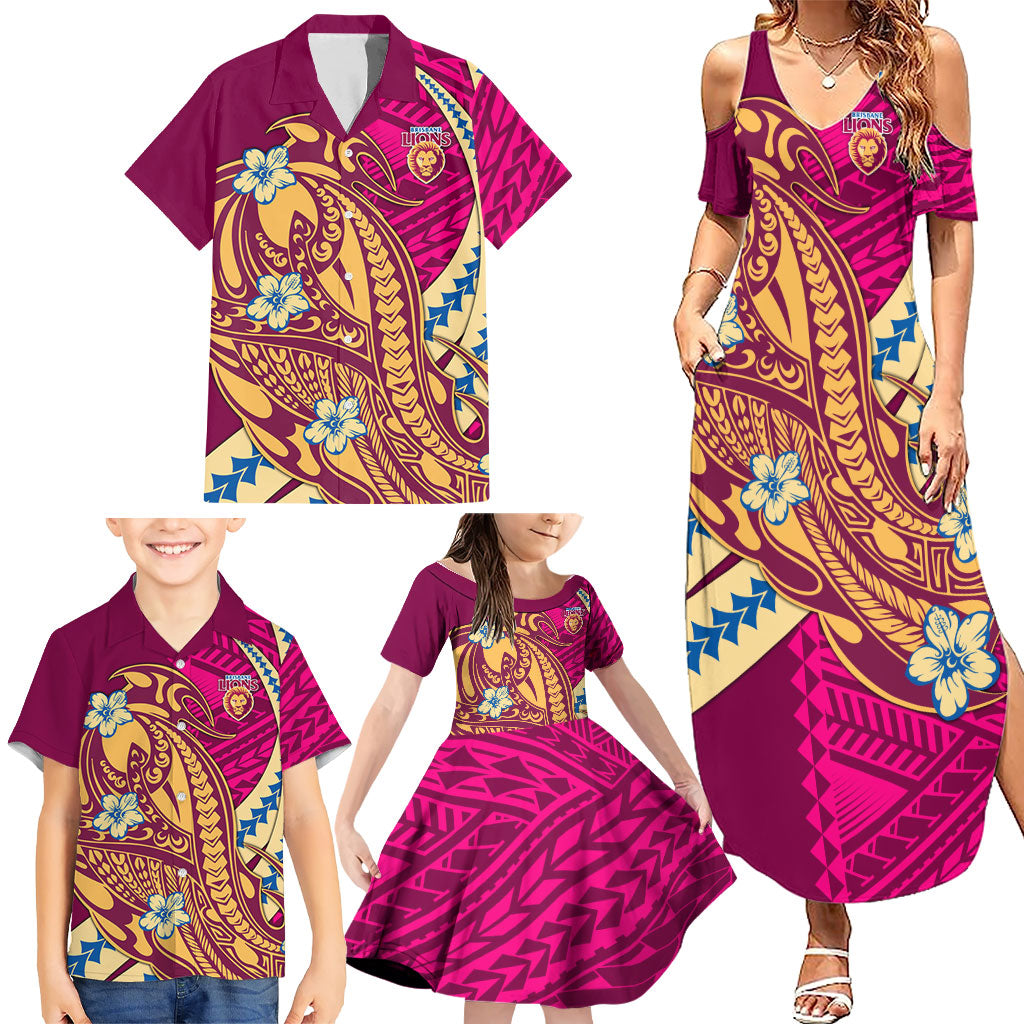 Personalized Brisbane Lions Family Matching Summer Maxi Dress and Hawaiian Shirt Polynesian Tribal Lion Mascot With Hibiscus Floral Art