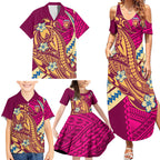 Personalized Brisbane Lions Family Matching Summer Maxi Dress and Hawaiian Shirt Polynesian Tribal Lion Mascot With Hibiscus Floral Art