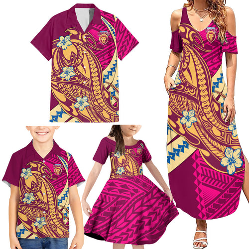 Personalized Brisbane Lions Family Matching Summer Maxi Dress and Hawaiian Shirt Polynesian Tribal Lion Mascot With Hibiscus Floral Art