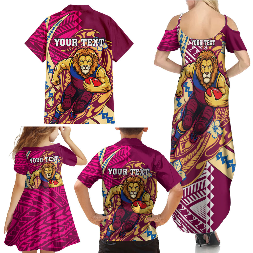 Personalized Brisbane Lions Family Matching Summer Maxi Dress and Hawaiian Shirt Polynesian Tribal Lion Mascot With Hibiscus Floral Art