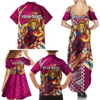 Personalized Brisbane Lions Family Matching Summer Maxi Dress and Hawaiian Shirt Polynesian Tribal Lion Mascot With Hibiscus Floral Art