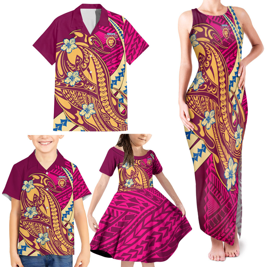 Personalized Brisbane Lions Family Matching Tank Maxi Dress and Hawaiian Shirt Polynesian Tribal Lion Mascot With Hibiscus Floral Art