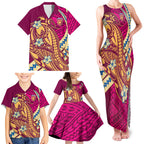 Personalized Brisbane Lions Family Matching Tank Maxi Dress and Hawaiian Shirt Polynesian Tribal Lion Mascot With Hibiscus Floral Art