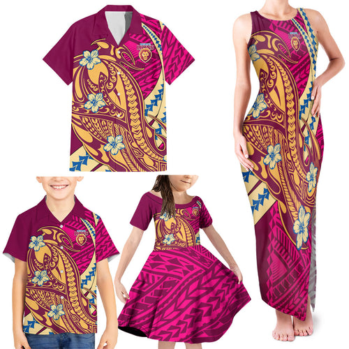 Personalized Brisbane Lions Family Matching Tank Maxi Dress and Hawaiian Shirt Polynesian Tribal Lion Mascot With Hibiscus Floral Art