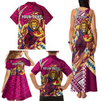 Personalized Brisbane Lions Family Matching Tank Maxi Dress and Hawaiian Shirt Polynesian Tribal Lion Mascot With Hibiscus Floral Art