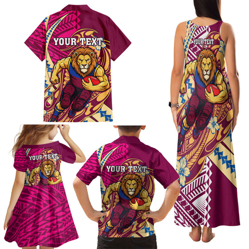 Personalized Brisbane Lions Family Matching Tank Maxi Dress and Hawaiian Shirt Polynesian Tribal Lion Mascot With Hibiscus Floral Art