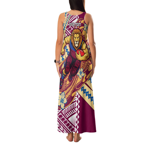 Personalized Brisbane Lions Family Matching Tank Maxi Dress and Hawaiian Shirt Polynesian Tribal Lion Mascot With Hibiscus Floral Art