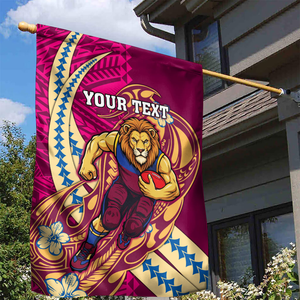 Personalized Brisbane Lions Garden Flag Polynesian Tribal Lion Mascot With Hibiscus Floral Art