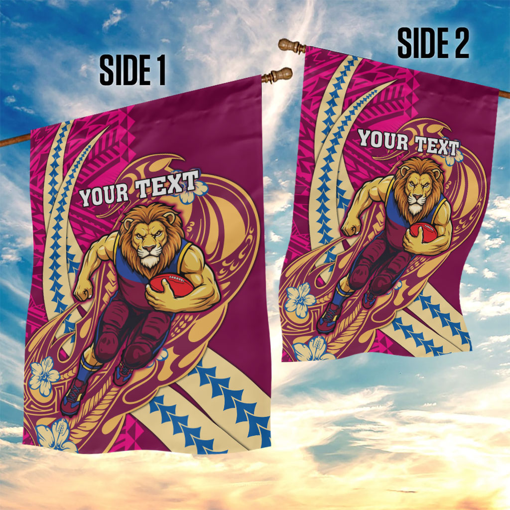 Personalized Brisbane Lions Garden Flag Polynesian Tribal Lion Mascot With Hibiscus Floral Art