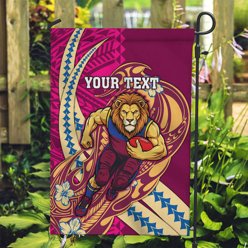 Personalized Brisbane Lions Garden Flag Polynesian Tribal Lion Mascot With Hibiscus Floral Art