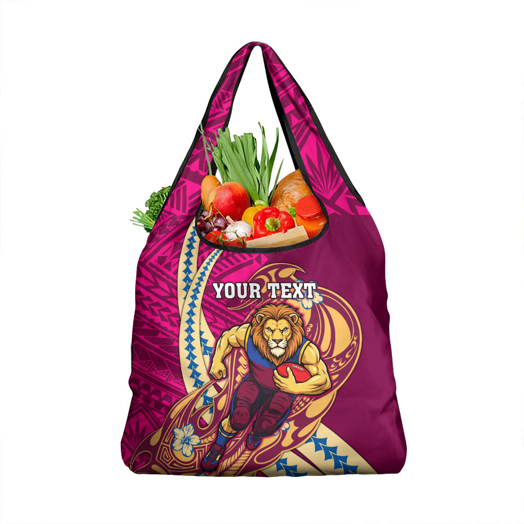 Personalized Brisbane Lions Grocery Bag Polynesian Tribal Lion Mascot With Hibiscus Floral Art