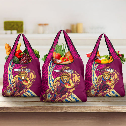 Personalized Brisbane Lions Grocery Bag Polynesian Tribal Lion Mascot With Hibiscus Floral Art