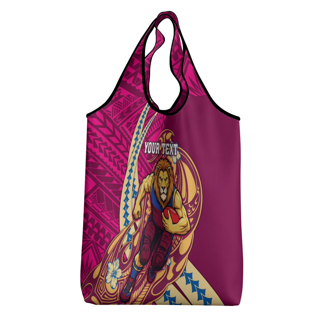 Personalized Brisbane Lions Grocery Bag Polynesian Tribal Lion Mascot With Hibiscus Floral Art