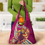 Personalized Brisbane Lions Grocery Bag Polynesian Tribal Lion Mascot With Hibiscus Floral Art