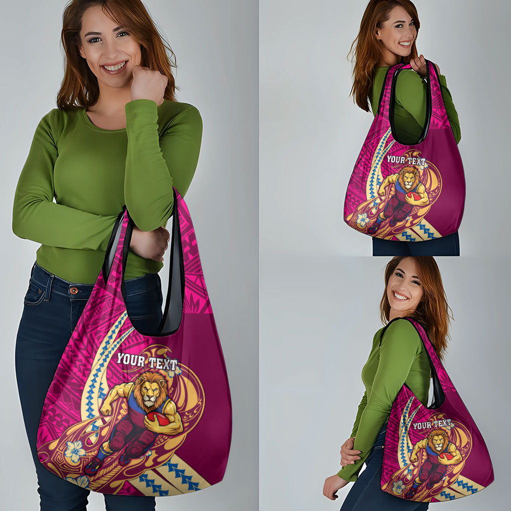 Personalized Brisbane Lions Grocery Bag Polynesian Tribal Lion Mascot With Hibiscus Floral Art