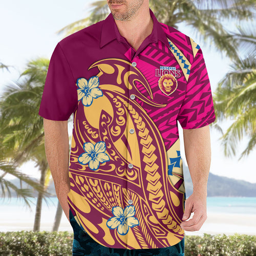 Personalized Brisbane Lions Hawaiian Shirt Polynesian Tribal Lion Mascot With Hibiscus Floral Art