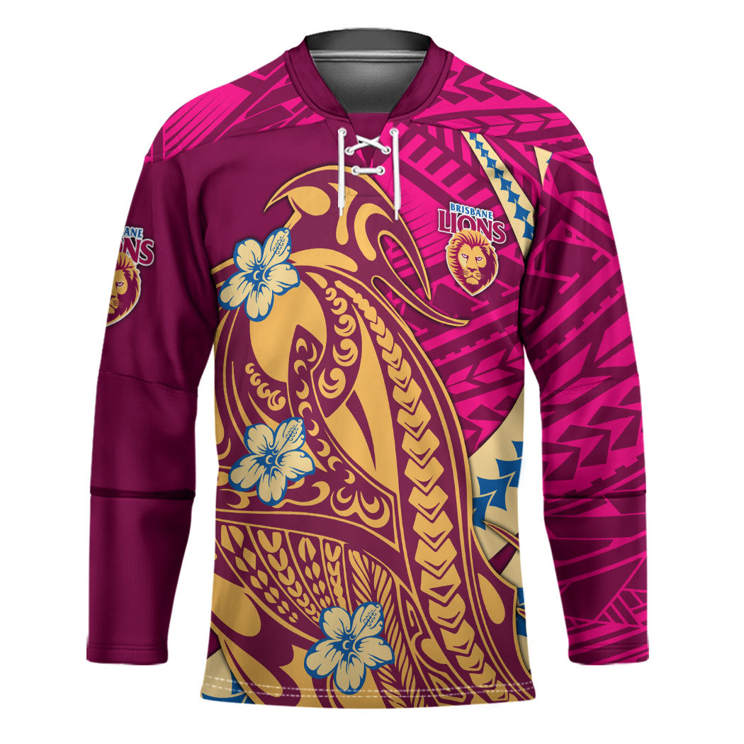 Personalized Brisbane Lions Hockey Jersey Polynesian Tribal Lion Mascot With Hibiscus Floral Art