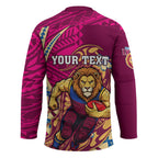 Personalized Brisbane Lions Hockey Jersey Polynesian Tribal Lion Mascot With Hibiscus Floral Art