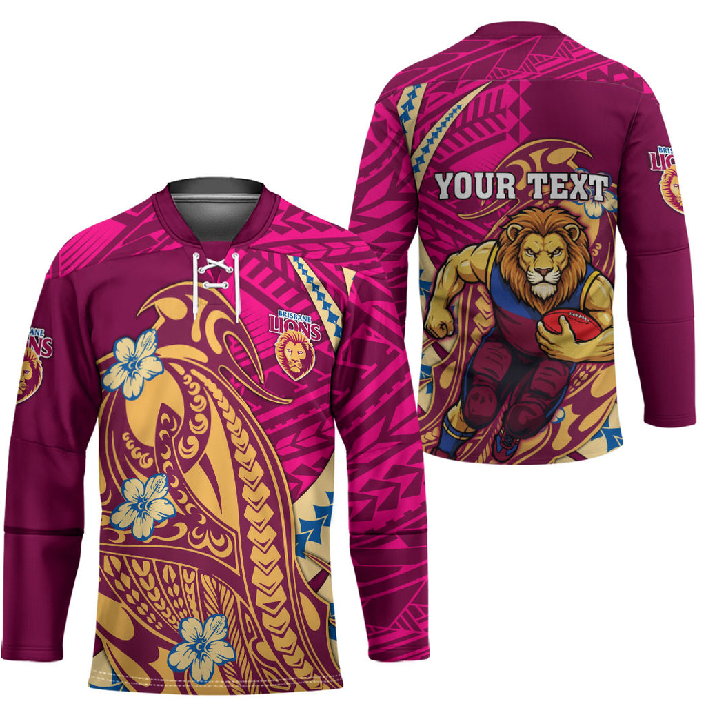Personalized Brisbane Lions Hockey Jersey Polynesian Tribal Lion Mascot With Hibiscus Floral Art