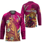 Personalized Brisbane Lions Hockey Jersey Polynesian Tribal Lion Mascot With Hibiscus Floral Art