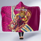 Personalized Brisbane Lions Hooded Blanket Polynesian Tribal Lion Mascot With Hibiscus Floral Art